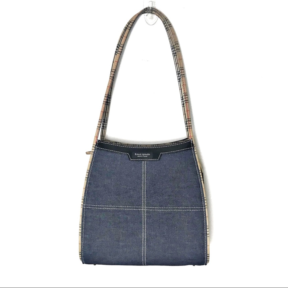 Kate Spade denim and preppy plaid bag EUC
